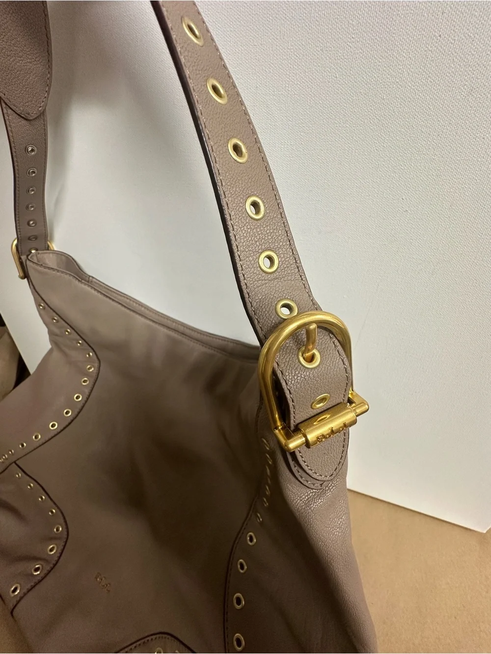 Ralph Lauren Brown Taupe Leather Hobo with Grommet Detail